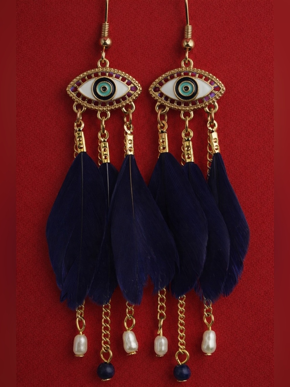 Claire's Gold Evil Eye Earrings with Navy Feathers and Pearl Drops